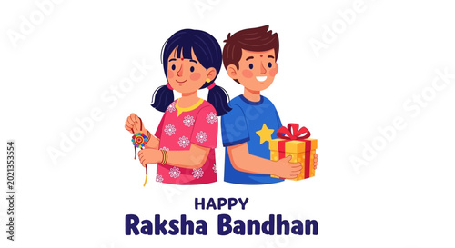 Canvastavla Illustration of a young girl tying a rakhi on her brother with a gift box