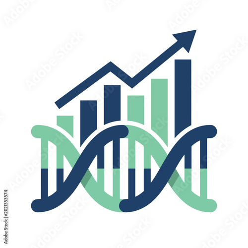Genetics and financial growth concept featuring double helix dna strand combined with bar chart and upward rising arrow in blue and green color palette.