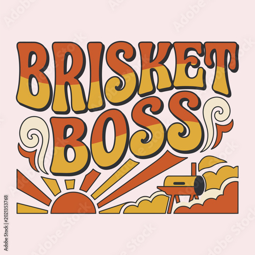 Cuadro en lienzo Retro brisket boss slogan with bbq smoker and sunrise illustration pink backgr