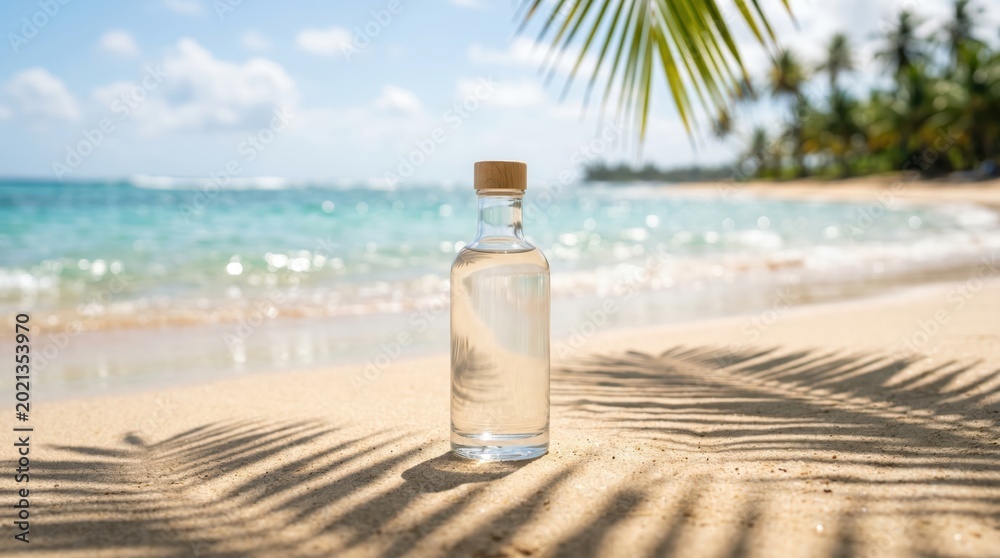 Fototapeta premium Clear glass bottle on tropical sandy beach with palm shadow for summer product mockup background