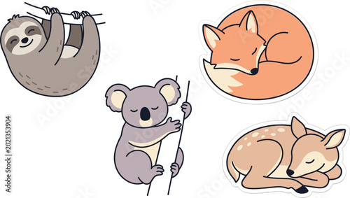Photography Cute Cartoon Sloth, Koala, Sleeping Fox, and Baby Deer Sticker Set in Soft Color