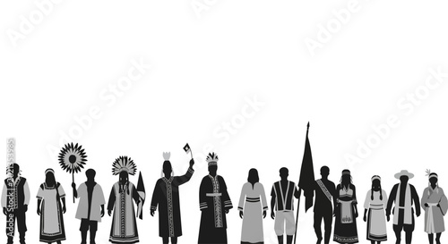 Bild auf Leinwand Diverse group of indigenous people in traditional attire standing together as a silhouette