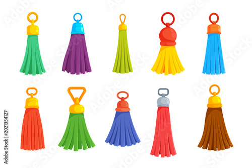 Leather tassel. Colorful fringe charm keychain accessory bag decoration purse pendant handmade fashion leather strip ring loop playful neat vector illustration