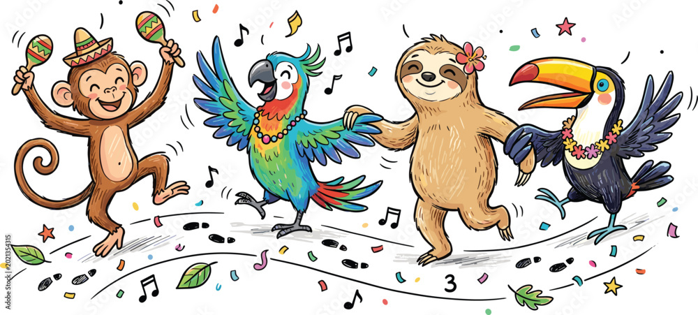 Obraz premium Cute Cartoon Dancing Monkey, Parrot, Sloth, and Toucan with Maracas, Music Notes, and Confetti for Tropical and Kids Designs