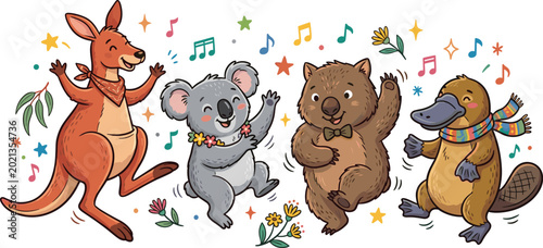 Tableau sur toile Cute Cartoon Dancing Kangaroo, Koala, Wombat, and Platypus with Music Notes and