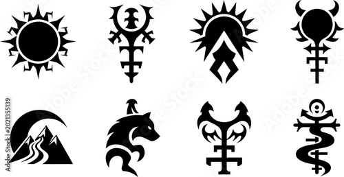 Bild auf Leinwand Mystical fantasy symbol set featuring sun moon wolf and occult icons for graphic