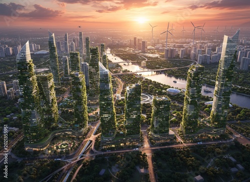 Aerial view of sustainable city with green spaces and wind turbines at sunset