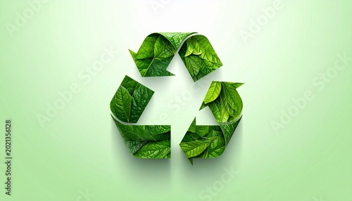 Leaf-Textured Recycling Symbol on Green Gradient Showcasing Environmental Sustainability and Conceptual Eco Design