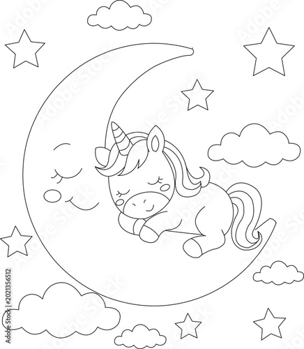 Cute unicorn sleeping on a moon, coloring page