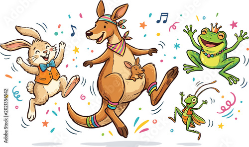 Foto Cute Cartoon Dancing Bunny, Kangaroo with Joey, Frog with Crown, and Grasshopper