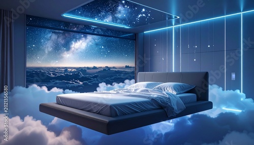 Futuristic Bedroom Floating in Space with Cloud Bed and Cosmic View Showcasing Dreamlike Interior Design