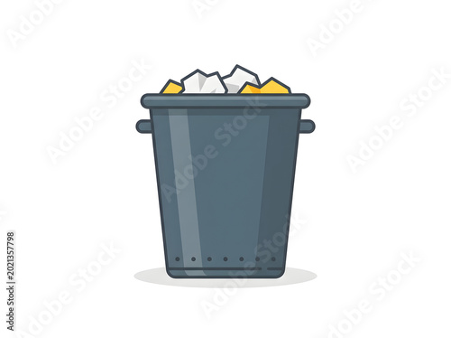 Cartoon trash can overflowing with garbage on white background