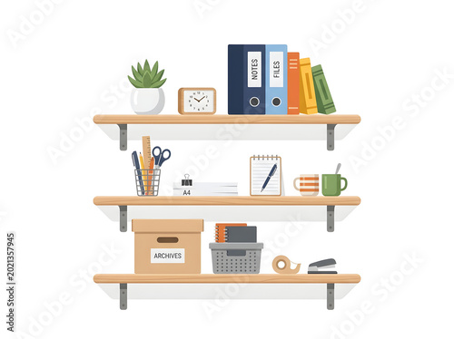 Office supplies and stationery on a wooden shelf