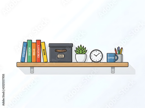 Wooden shelf with office supplies and books on white background