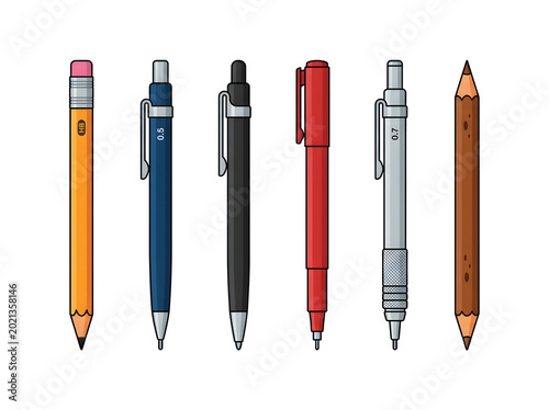 Colorful writing utensils arranged in a row on white background
