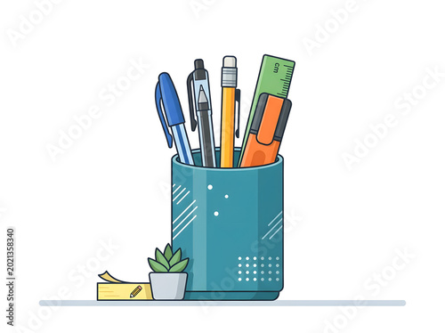 Colorful office supplies in a container on a desk with a small plant