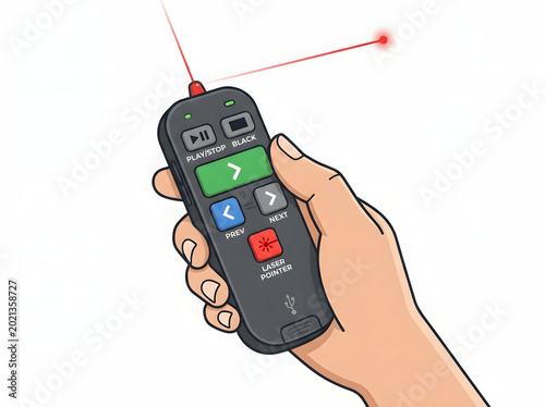 Hand holding a laser pointer device with red beam