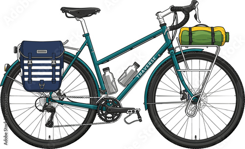 Фотография Touring Bicycle Fully Equipped with Pannier Bags Front Rack and Camping Gear for
