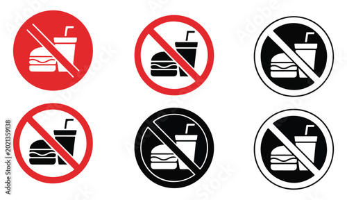 фотографія No fast food allowed signs burger and drink prohibition icons red black