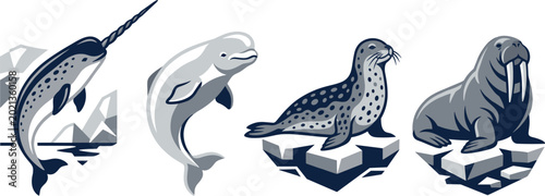 Bild auf Leinwand Arctic Ocean Animal Set with Narwhal, Beluga Whale, Seal, and Walrus in Monochro