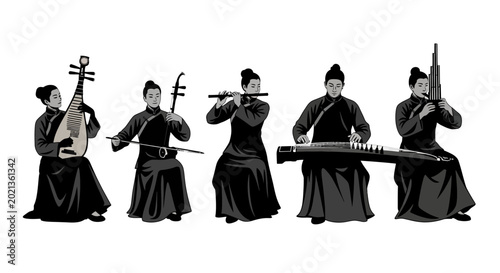 Foto Illustration of traditional Chinese musicians playing ethnic instruments