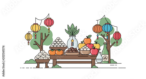 Quadro em tela Chuseok holiday table setting with traditional Korean food offerings and festive lanterns