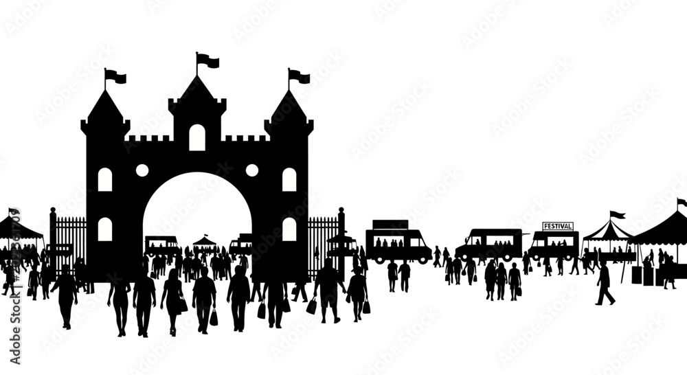 Obraz premium Silhouette of a large crowd walking through a castle gate at a festival.