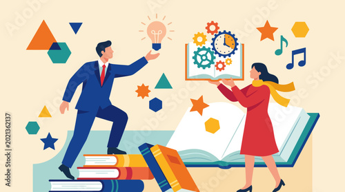 Εκτύπωση καμβά This vibrant illustration showcases two professionals generating ideas and knowledge together, highlighting the importance of creativity and collaboration in education and innovation