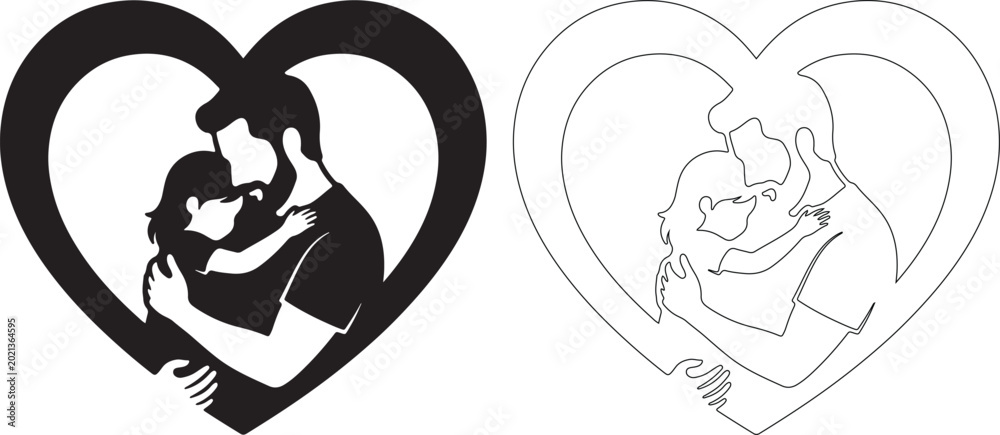 Obraz premium Heartwarming Family Love, Heart Shaped Silhouettes, Black and White Vector Icons, Family Emotions