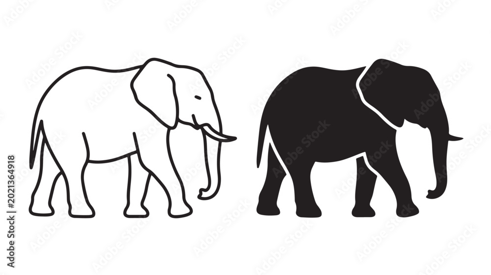 Fototapeta premium Black and white elephant silhouettes standing side by side on plain background for conceptual illustrations