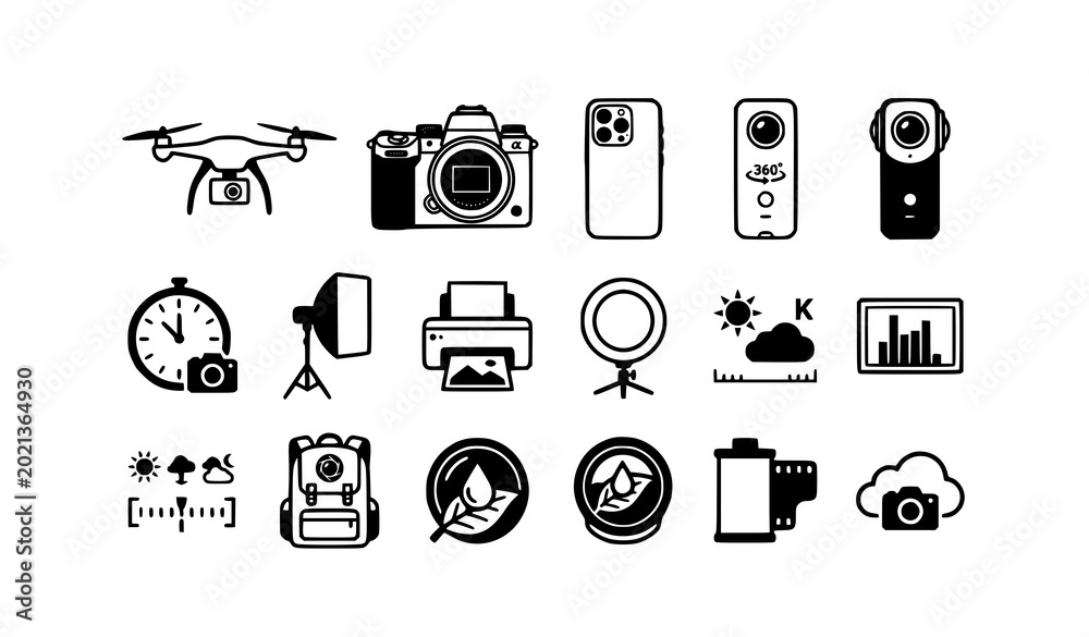 Fototapeta premium Modern camera and photography icon collection in black and white editable vector style
