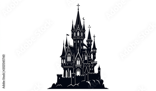Foto Gothic castle tower silhouette vector dark fantasy fairytale design