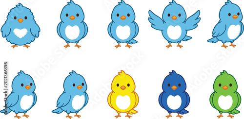 Obraz na plátně Adorable little bluebird cartoon sprites collection with various standing and flying wing poses plus colorful yellow and green bird variants for game design