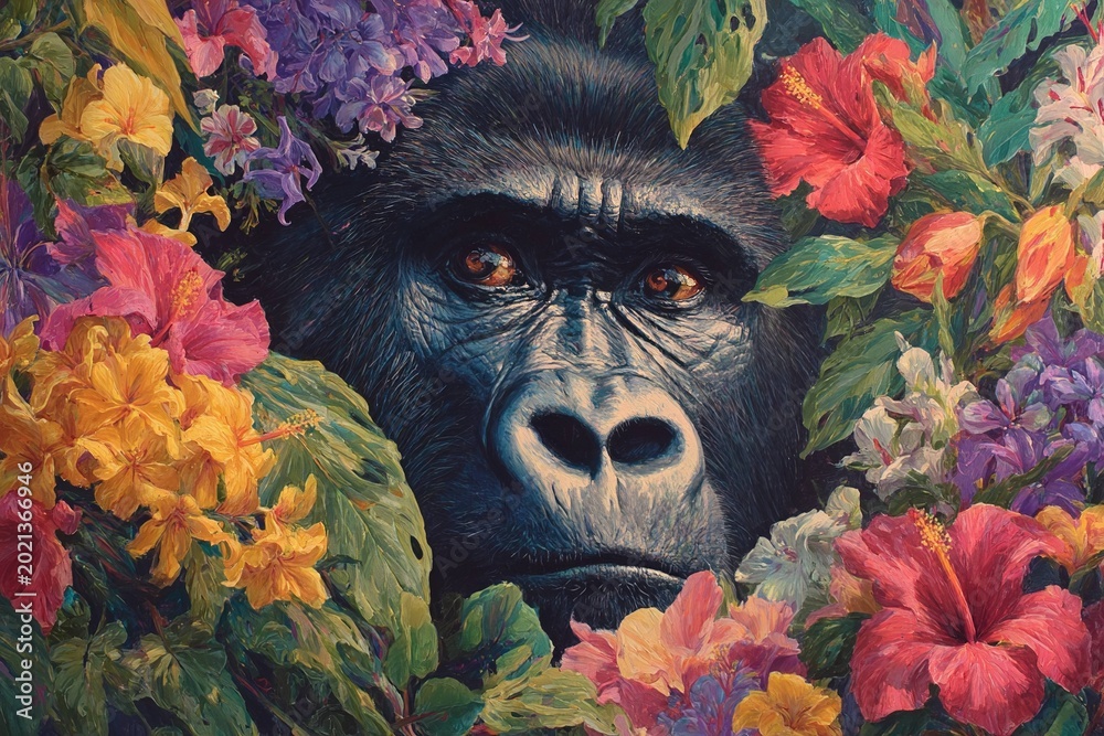 Fototapeta premium gorilla surrounded by tropical flowers and vines