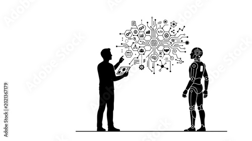 A black and white illustration of a man interacting with a futuristic robot.