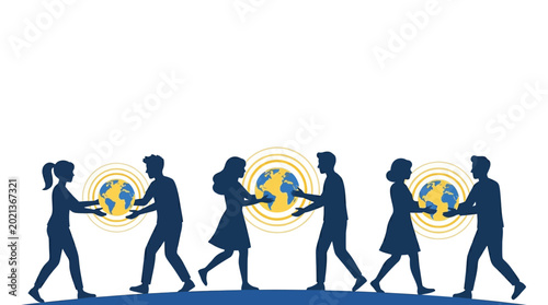Billede på lærred Diverse group of people holding and sharing a glowing globe illustration