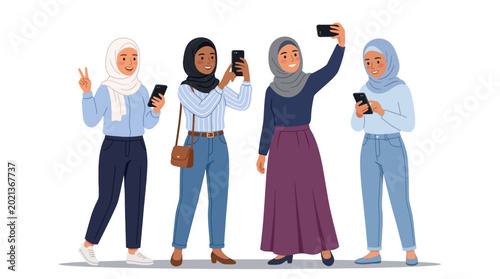 Fotografía Group of diverse young women in hijabs using smartphones for social media and selfies