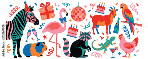 Fotografie Set of exotic animals celebrating birthday party.