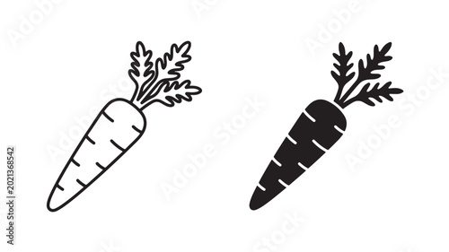 Black and white carrot icons with leaves on isolated background for food or vegetable concepts