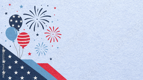 4th of July Independence Day light blue textured paper background with red fireworks and balloons with copy space for banner