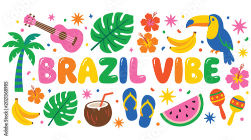 Quadro su tela Brazil vibe with toucan guitar and tropical elements.