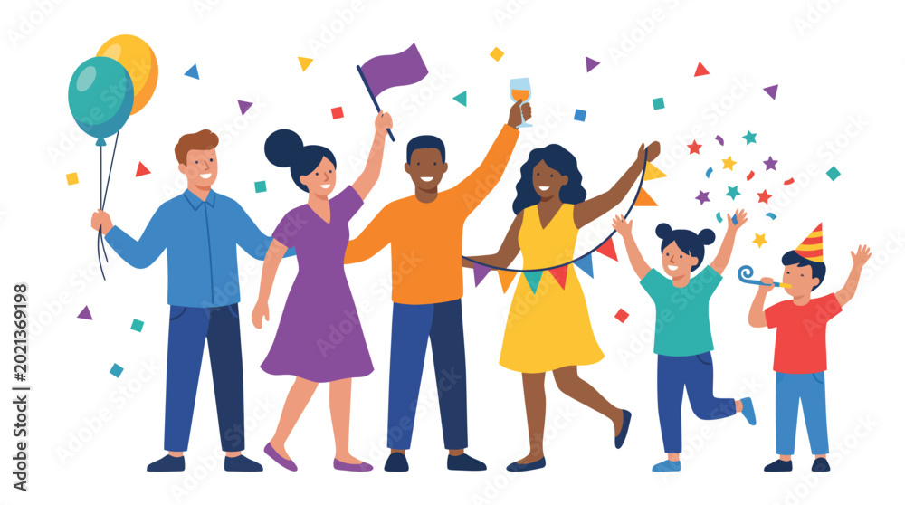 Fototapeta premium This vibrant vector image captures a diverse group of people celebrating joyous moments, conveying the spirit of togetherness, happiness, and memorable celebrations.