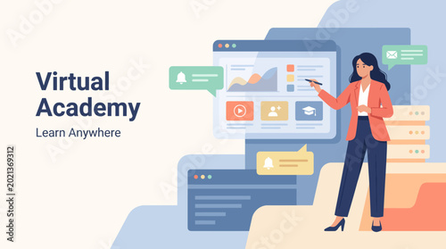 Tableau sur toile A visually engaging representation of a virtual academy where users can learn anywhere, featuring digital tools and interactive screens, highlighting the ease of information access