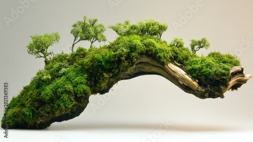 Moss-covered driftwood archway with miniature trees, studio shot