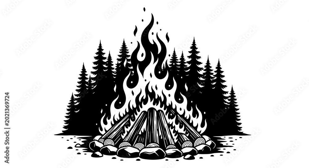 Obraz premium Black and white campfire, forest fire pit, vector illustration, monochrome outdoor scene