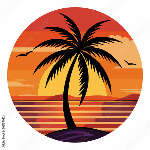 Scenic beach sunset with palm tree silhouettes in a circle, vector graphic design.