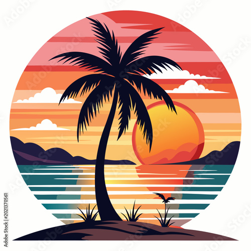 Warm summer night sunset vector graphic with exotic palm tree silhouettes.