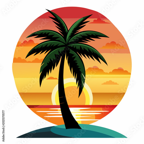Sun logo with palm tree silhouettes, tropical beach sunset vector illustration.