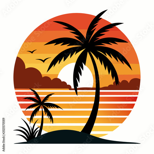 Aesthetic retro sunset vector design with tropical palm trees in a round badge.