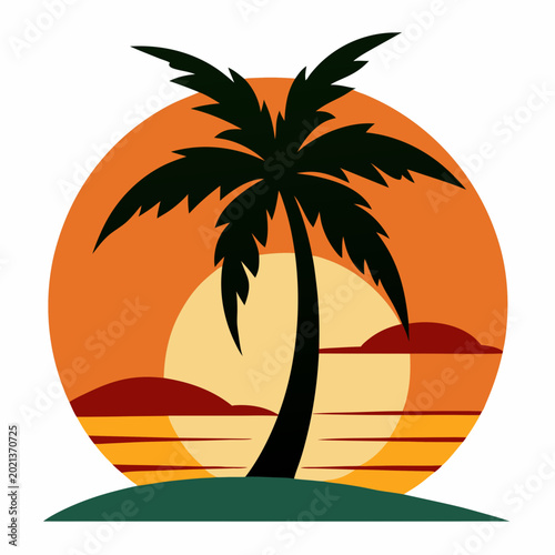 Tropical sunset with palm trees silhouette in a circular badge vector illustration.